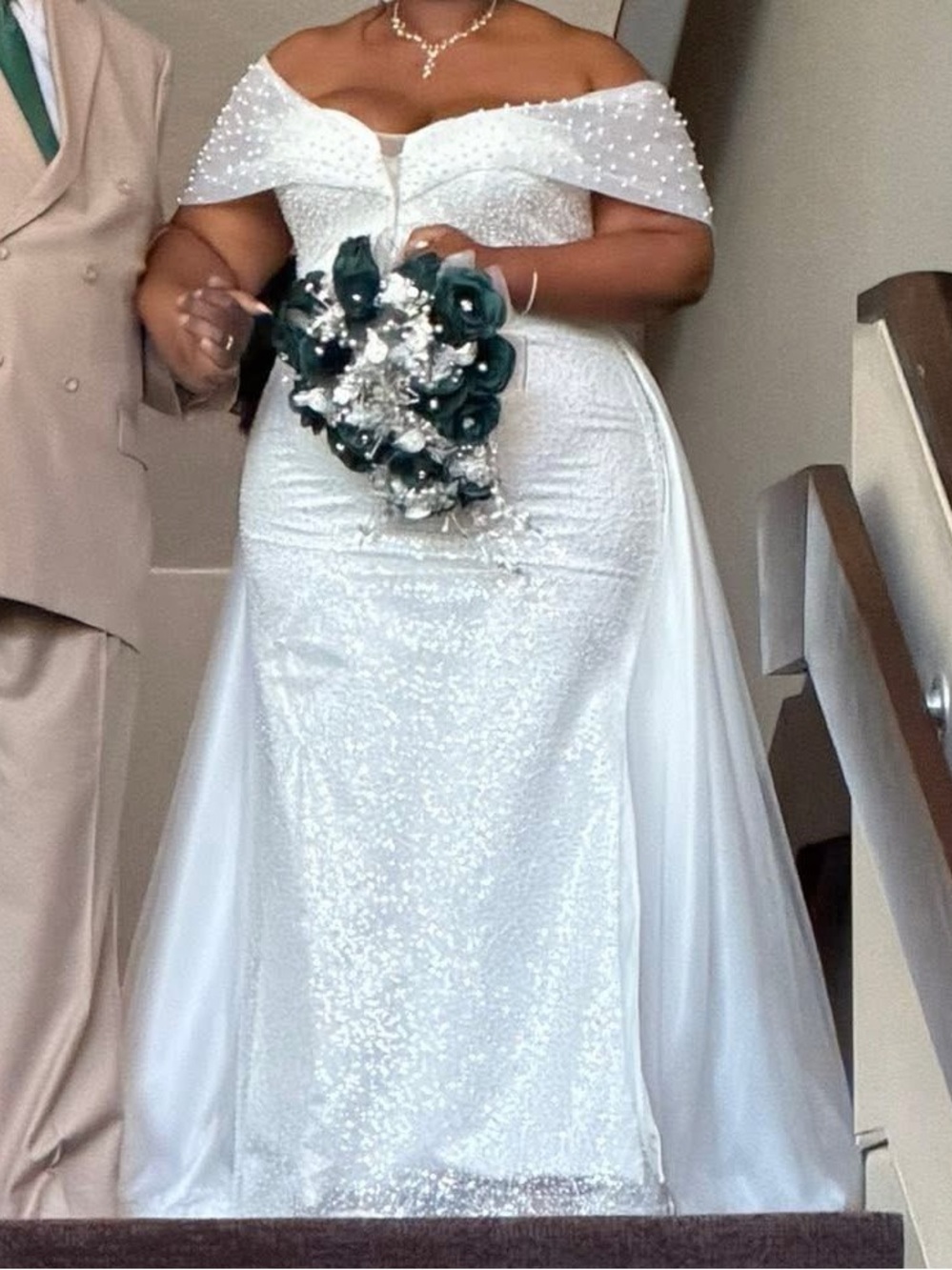 Off-Shoulder White Sequin Wedding Dress with Pearl Detail